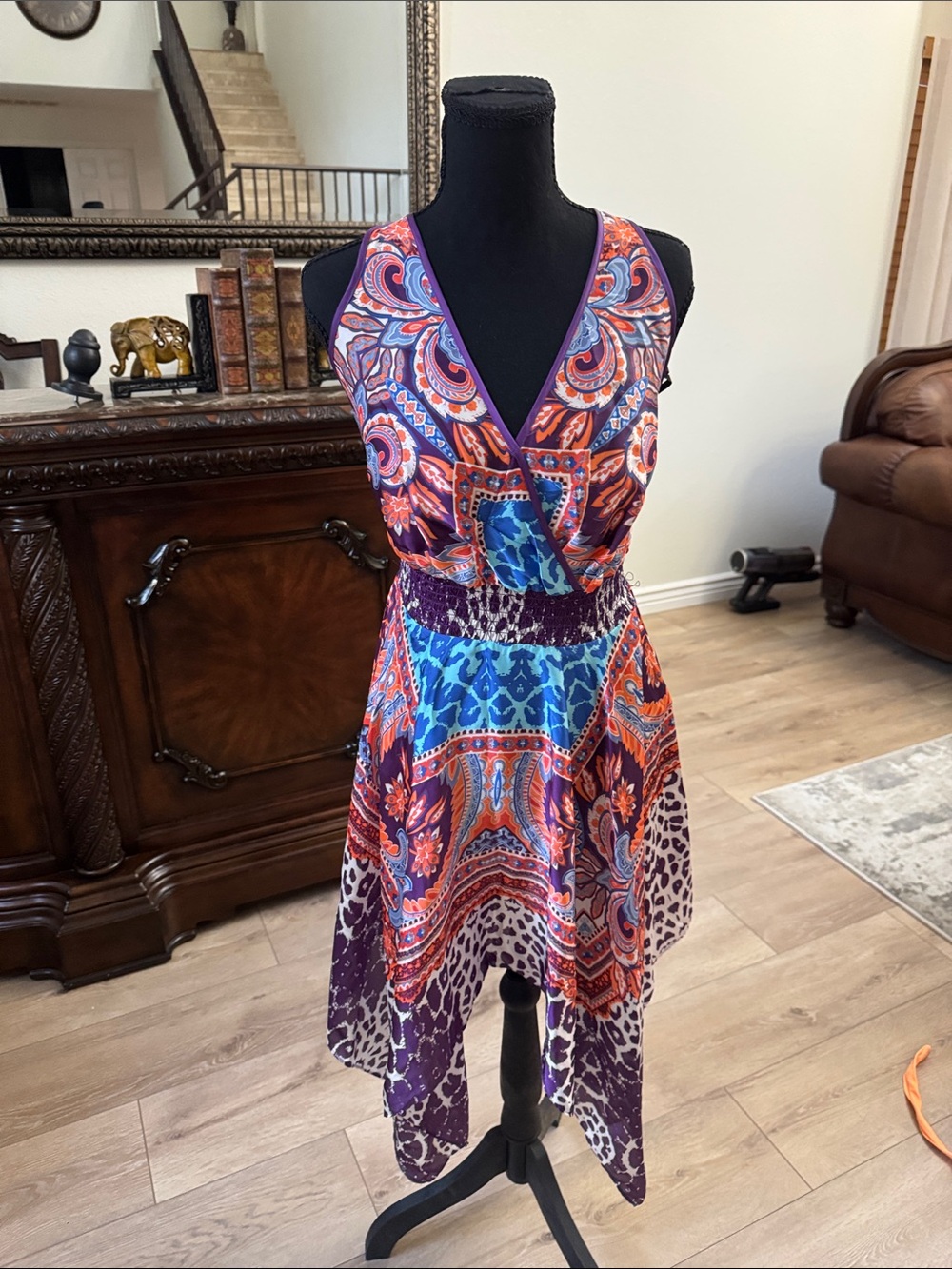 bebe Purple and Blue Paisley Handkerchief-Hem Dress
